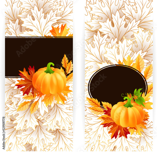 Autumn banners with pumpkin and fall maple tree leaves.