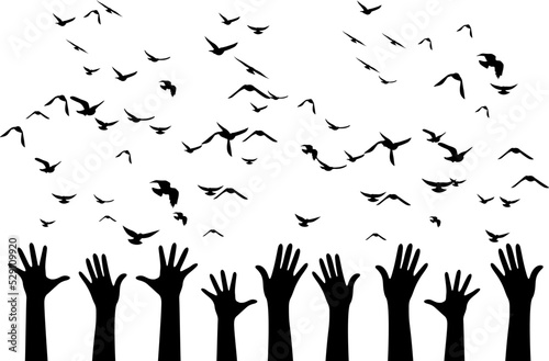 Hands with flying up birds . Vector isolated decoration element from scattered silhouettes. Conceptual illustration of group community and social organization.