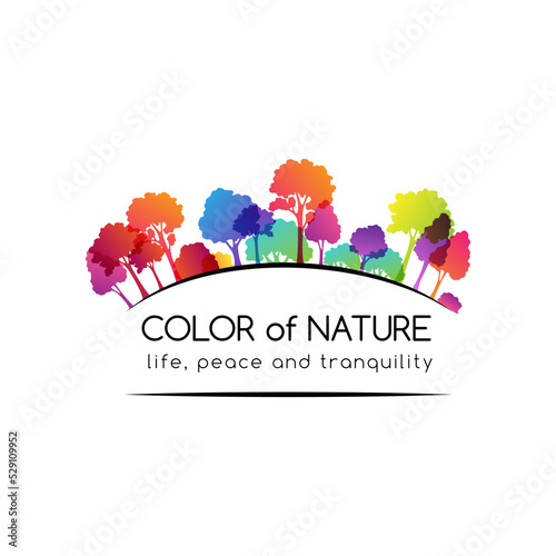 Rainbow season forest. Illustration of colorful trees. Bright decoration concept of landscape, park, wild nature or season forest. Vector emblem.