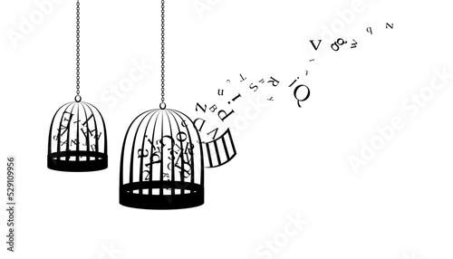 Birdcages with flying up letters. Vector decoration from scattered elements. Monochrome isolated silhouette. Conceptual illustration.
