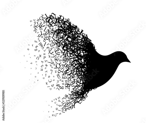 Flying bird with wings from letters. Vector decoration from scattered elements. Monochrome isolated silhouette. Conceptual illustration.