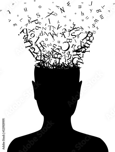 Head with flying letters . Vector decoration from scattered elements. Monochrome isolated silhouette. Conceptual illustration.