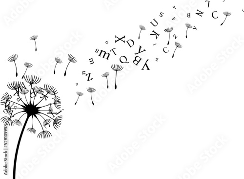 Dandelion with flying letters and seeds. Vector decoration from scattered elements. Monochrome isolated silhouette. Conceptual illustration.