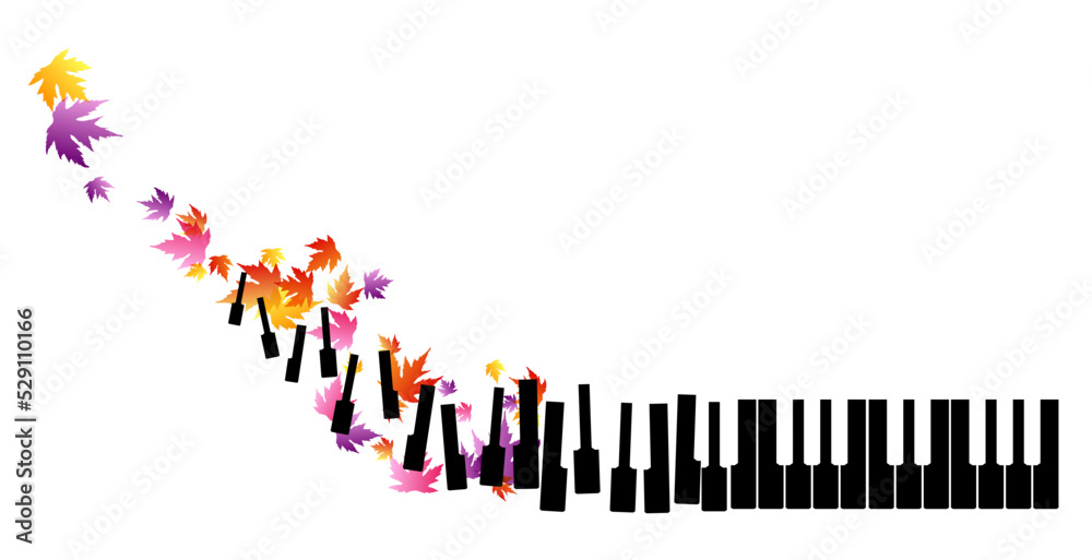 Piano keys with flying up colorful autumn leaves. Vector decoration from scattered elements. Colorful isolated silhouette. Conceptual illustration. Piano keys with flying up colorful autumn leaves. Vector decoration from scattered elements. Colorful isolated silhouette. Conceptual illustration.