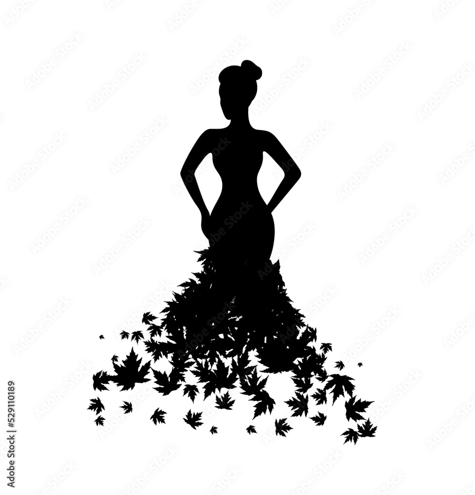 Woman with dress from maple leaves. Vector decoration from scattered elements. Monochrome isolated silhouette. Conceptual illustration.