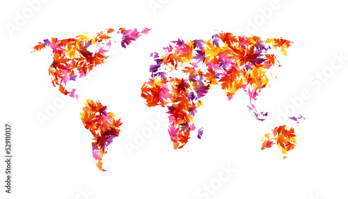 World map from colorful autumn leaves. Vector decoration from scattered elements. Colorful isolated silhouette. Conceptual illustration.