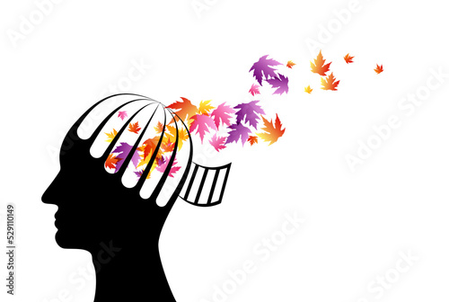 Man with head from cage with flying up colorful autumn leaves. Vector decoration from scattered elements. Colorful isolated silhouette. Conceptual illustration.