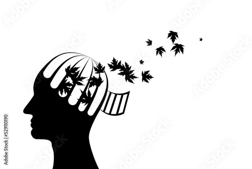Man with head from cage with flying up maple leaves. Vector decoration from scattered elements. Monochrome isolated silhouette. Conceptual illustration.