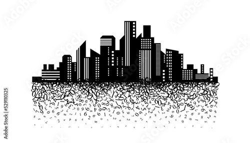 City scape with flying down numbers. Vector decoration from scattered elements. Monochrome isolated silhouette. Conceptual illustration.