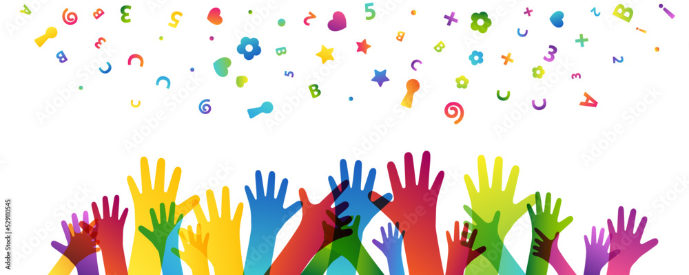 Colorful children hands up and fun letters confetti. Horizontal border. Kids creative conceptual vector illustration.