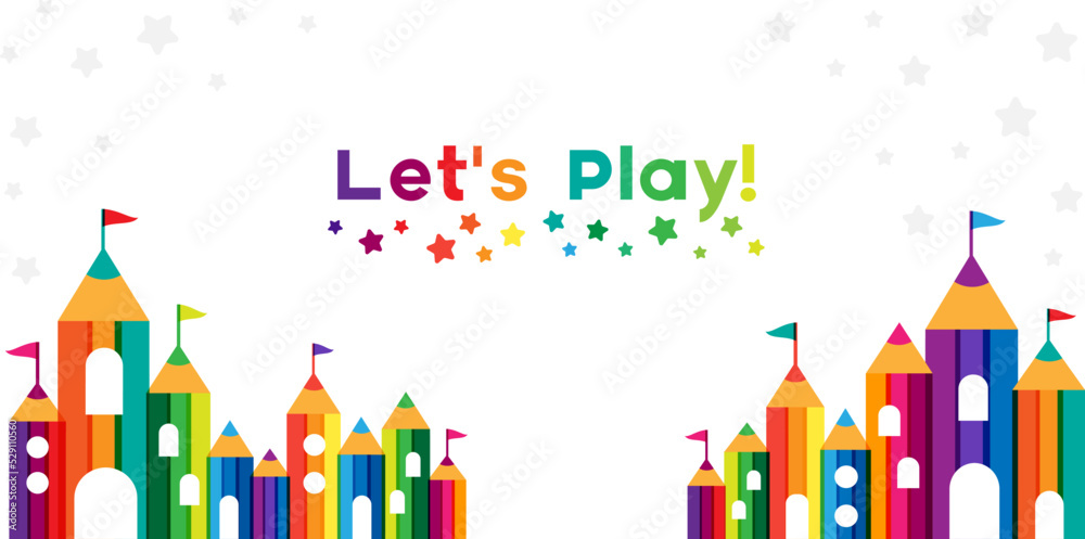 Kids castle from colorful pencils. Childhood fantasy fort with rainbow towers. Horizontal decoration element for design kids club, preschool room or kindergarten