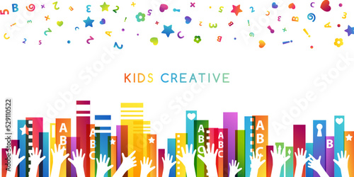 Colorful books, children hands up and fun letters confetti. Horizontal border. Kids creative conceptual vector illustration.
