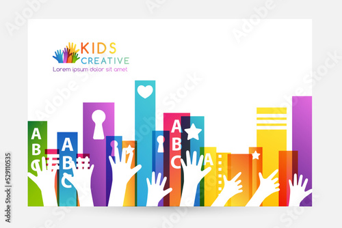 Colorful books with children hands up. Horizontal banner. Kids creative conceptual vector illustration.
