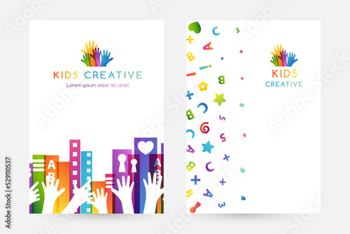 Colorful books with children hands up and  fun  letters confetti. Vertical banners. Kids creative conceptual vector illustration.