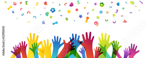 Colorful children hands up and fun letters confetti. Horizontal border. Kids creative conceptual vector illustration.