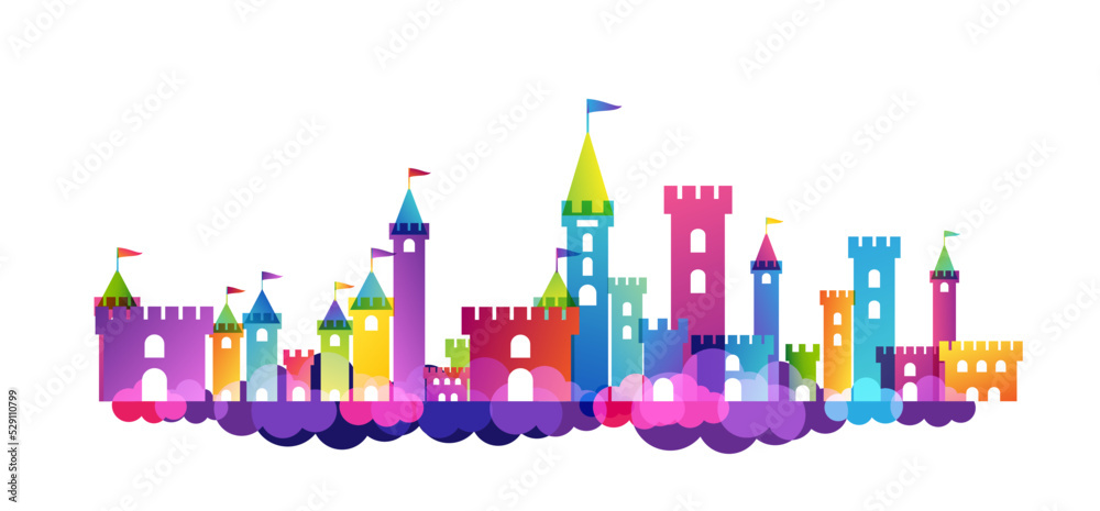 Kids imagination castle. Colorful childhood fantasy fort with rainbow towers. Horizontal border for design kids club, preschool room or kindergarten