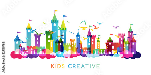 Kids imagination castle. Colorful childhood fantasy fort with rainbow towers. Horizontal border for design kids club, preschool room or kindergarten