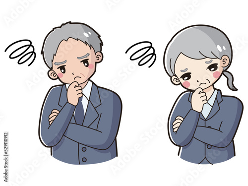 悩むスーツを着たシニア男性と女性のイラストセット