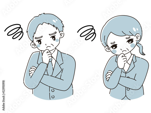 悩むスーツを着たシニア男性と女性のイラストセット
