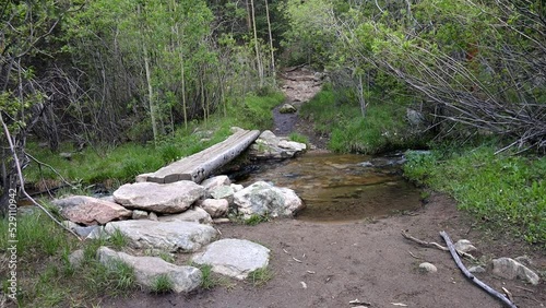 A log bridge crossing a small creek on the Tanglewood Trail at the base of Mt Rosalie.  Filmed in the Mount Evans Wilderness, Colorado. photo