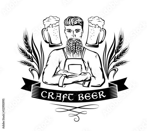 Craft beer emblem with brewer and wheat decorations