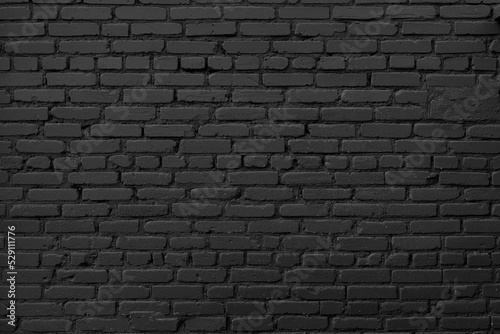 Black brick wall background. Dark brickwork. Copy space.