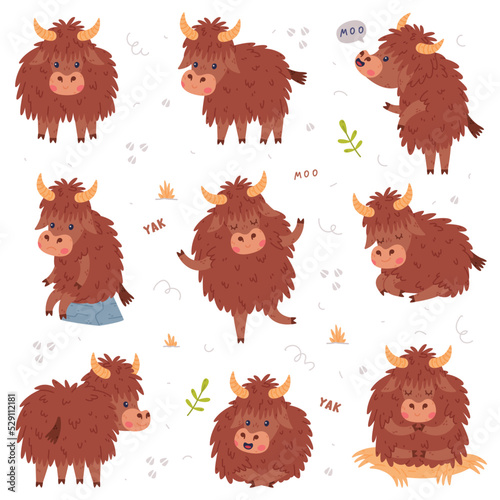 Cute Yak Character with Dense Fur and Horns Engaged in Different Activity Vector Set