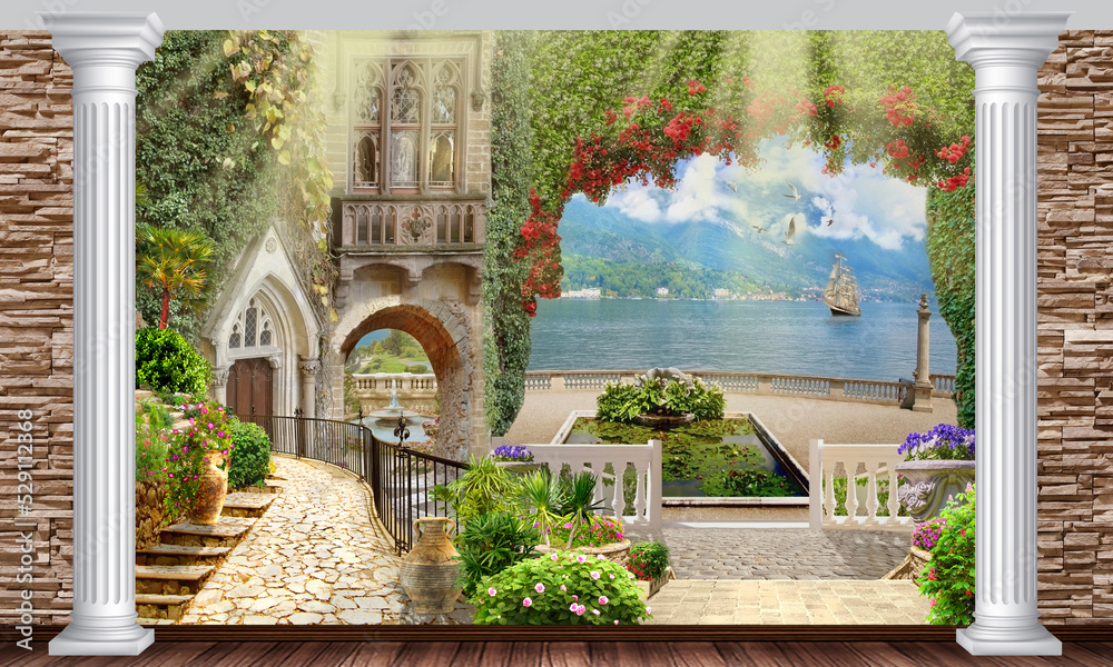 Fototapeta Courtyard with access to the embankment. Illustration, wallpaper on the wall with a seascape. Photo wallpapers. The fresco.