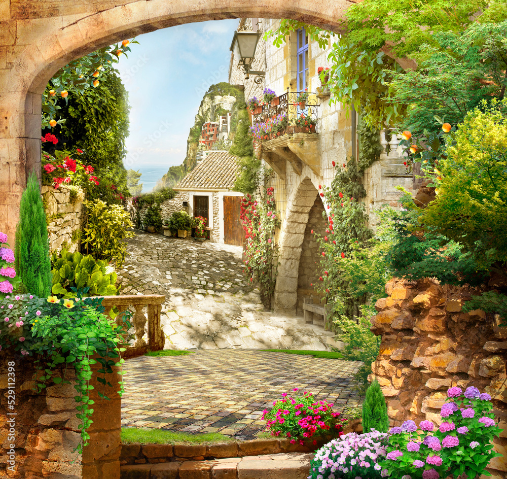 Stone arch. Beautiful Italian courtyard. Photo wallpapers. The fresco