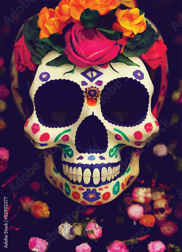 A creepy colourful portrait of a skull for "dia de los muertos", "Day of the dead".