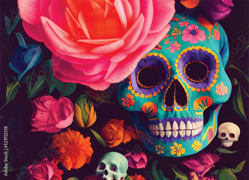 A colourful portrait of a skull and flowers for "dia de los muertos", "Day of the dead".