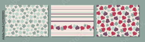 Seamless fig pattern set. Leaves. Fruits with leaf on striped. Fig fruits. Hand drawn vector sketch in pastel colors. Repeated flat illustration for wallpaper, wrapping paper, textile, scrapbooking.