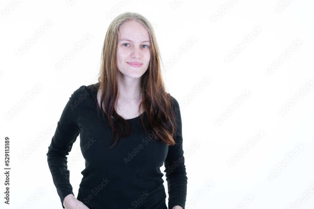 portrait of young woman casual portrait smile beautiful model posing in studio over white background portrait of young woman casual portrait smile beautiful model posing in studio over white background