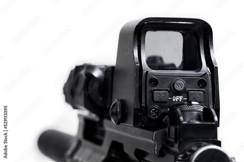 Close-up of modern reflex sight sub machine gun assault rifle MP5 isolated on white background