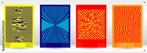 Geometrical Poster Design with Optical Illusion Effect.  Modern Psychedelic Cover Page Collection. Colourful Wave Lines Background. Fluid Stripes Art. Swiss Design. Vector Illustration for Brochure.