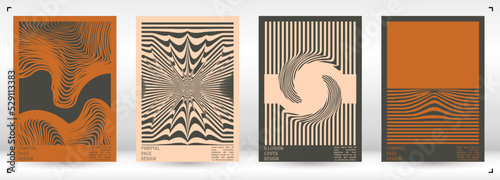 Geometrical Poster Design with Optical Illusion Effect.  Modern Psychedelic Cover Page Collection. Pastel Wave Lines Background. Fluid Stripes Art. Swiss Design. Vector Illustration for Brochure.