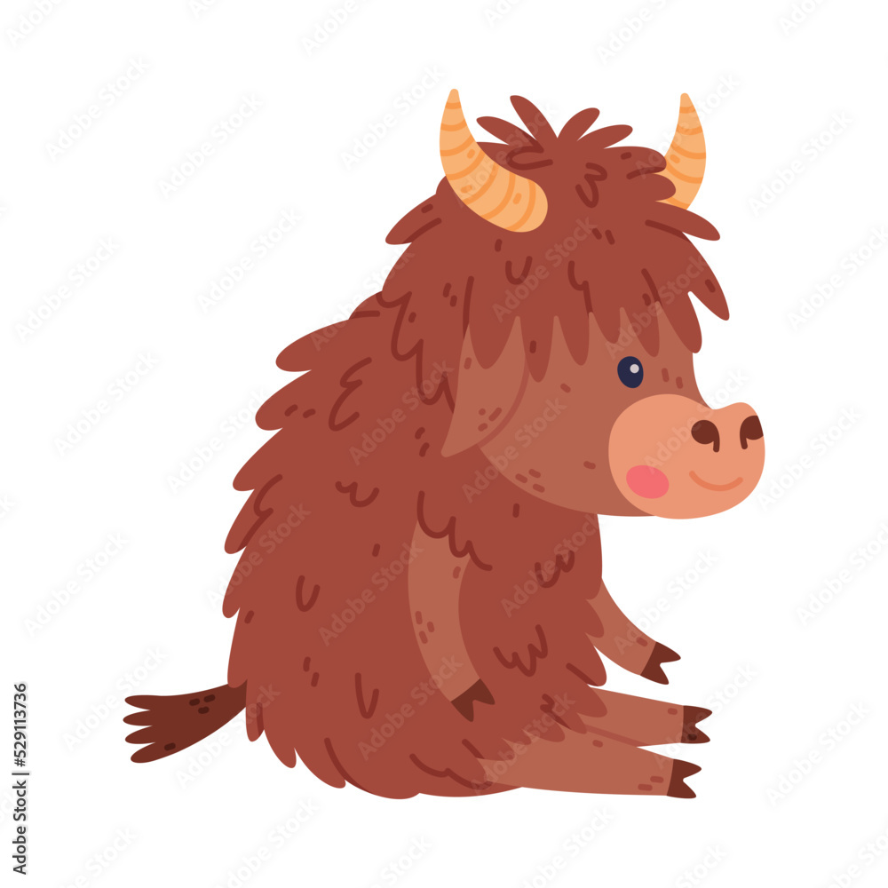 Cute Yak Character with Dense Fur and Horns Sitting and Smiling Vector Illustration