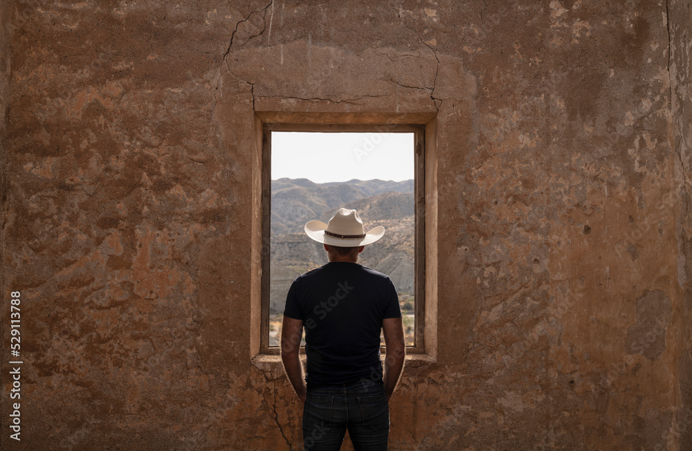 Rear view of adult man in cowboy hat standing behind window looking at view