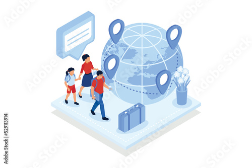 Human capital . International migration, brain drain, digital nomad, trained workers, buisness start up, leave country. isometric vector modern illustration
