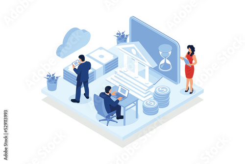 Online transfer . People control online money transfer using computer and smartphone app, remote work, freelancers payroll. isometric vector modern illustration