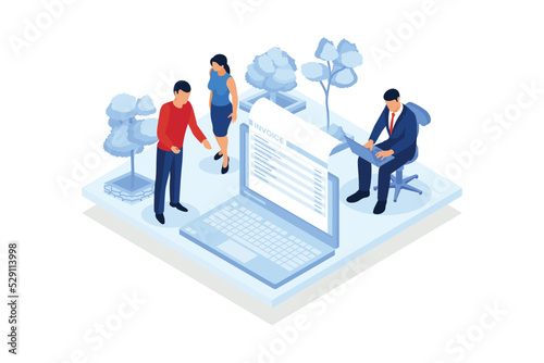 Fill out an invoice. Freelance worker filling an invoice using computer, remote work, distance job payroll, digital nomad. isometric vector modern illustration