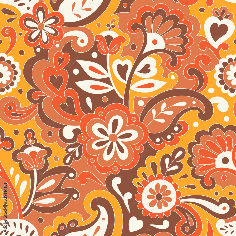 Colorful folk psychedelic seamless pattern. Retro ethnic ornament. Vintage vector background. Hippie 70s styled groovy textile print. Floral motifs