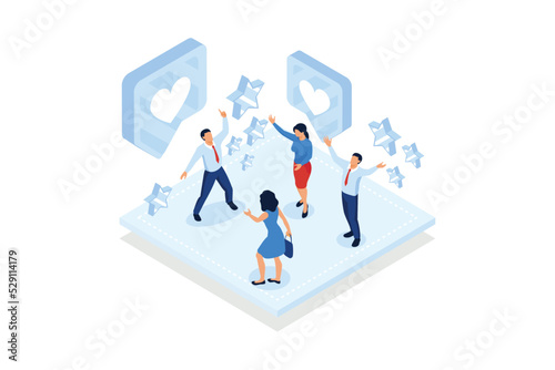 Celebrate business success. Young colleagues drink beer together, celebrate a successful business deal, team building. isometric vector modern illustration