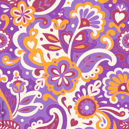 Colorful folk psychedelic seamless pattern. Retro ethnic ornament. Vintage vector background. Hippie 70s styled groovy textile print. Floral motifs