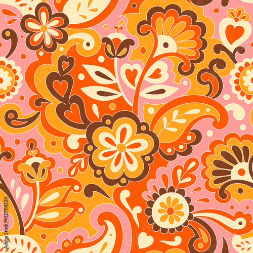 Colorful folk psychedelic seamless pattern. Retro ethnic ornament. Vintage vector background. Hippie 70s styled groovy textile print. Floral motifs
