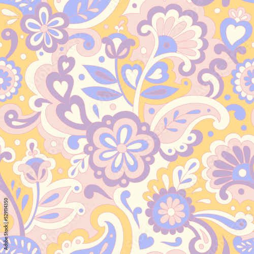 Colorful folk psychedelic seamless pattern. Retro ethnic ornament. Vintage vector background. Hippie 70s styled groovy textile print. Floral motifs