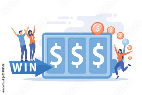 Lucky tiny people gambling and winning money at slot machine with dollar sign. Slot machine, money game winner, jackpot win concept. flat vector modern illustration