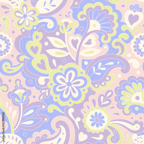 Colorful folk psychedelic seamless pattern. Retro ethnic ornament. Vintage vector background. Hippie 70s styled groovy textile print. Floral motifs