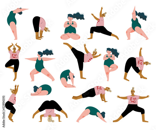 Plus Size Woman Characters in Doing Yoga Standing in Asana Big Vector Set