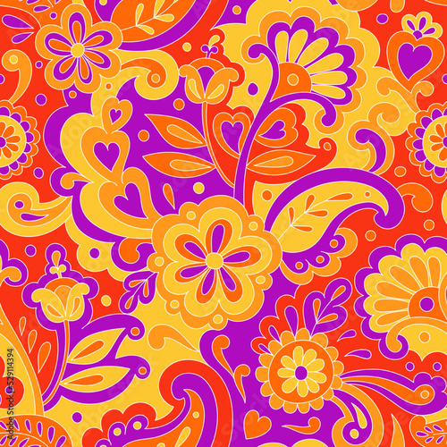 Colorful folk psychedelic seamless pattern. Retro ethnic ornament. Vintage vector background. Hippie 70s styled groovy textile print. Floral motifs